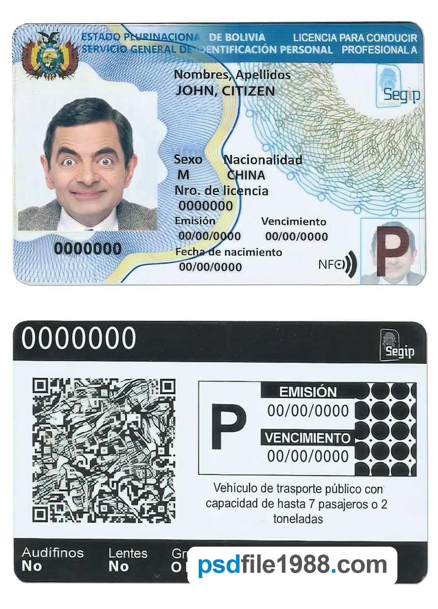 Bolivia Driving License Template 2017-Present